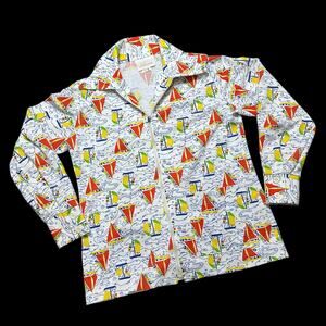 Vintage 70s Jantzen Disco Shirt Novelty Print Nautical Yacht Dagger Collar M